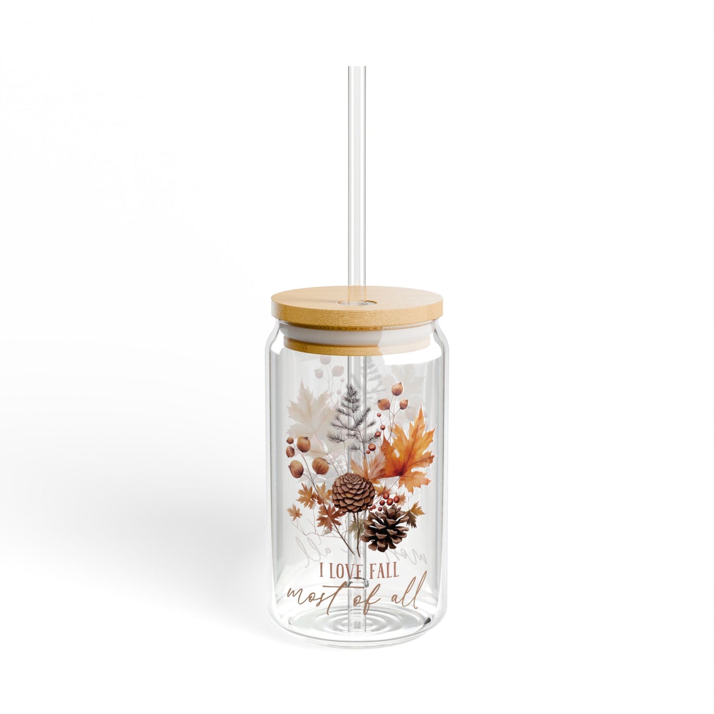 'I Love Fall Most of All' | 16oz Custom Sipper Glass with Bamboo Lid & Straw – Perfect for Sweet Treats and Family Parties