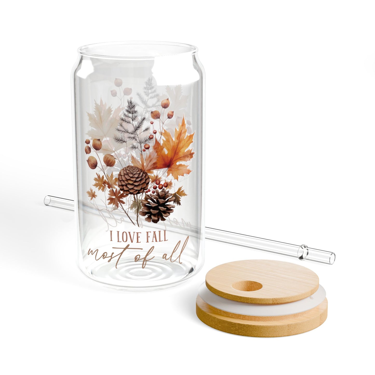 'I Love Fall Most of All' | 16oz Custom Sipper Glass with Bamboo Lid & Straw – Perfect for Sweet Treats and Family Parties