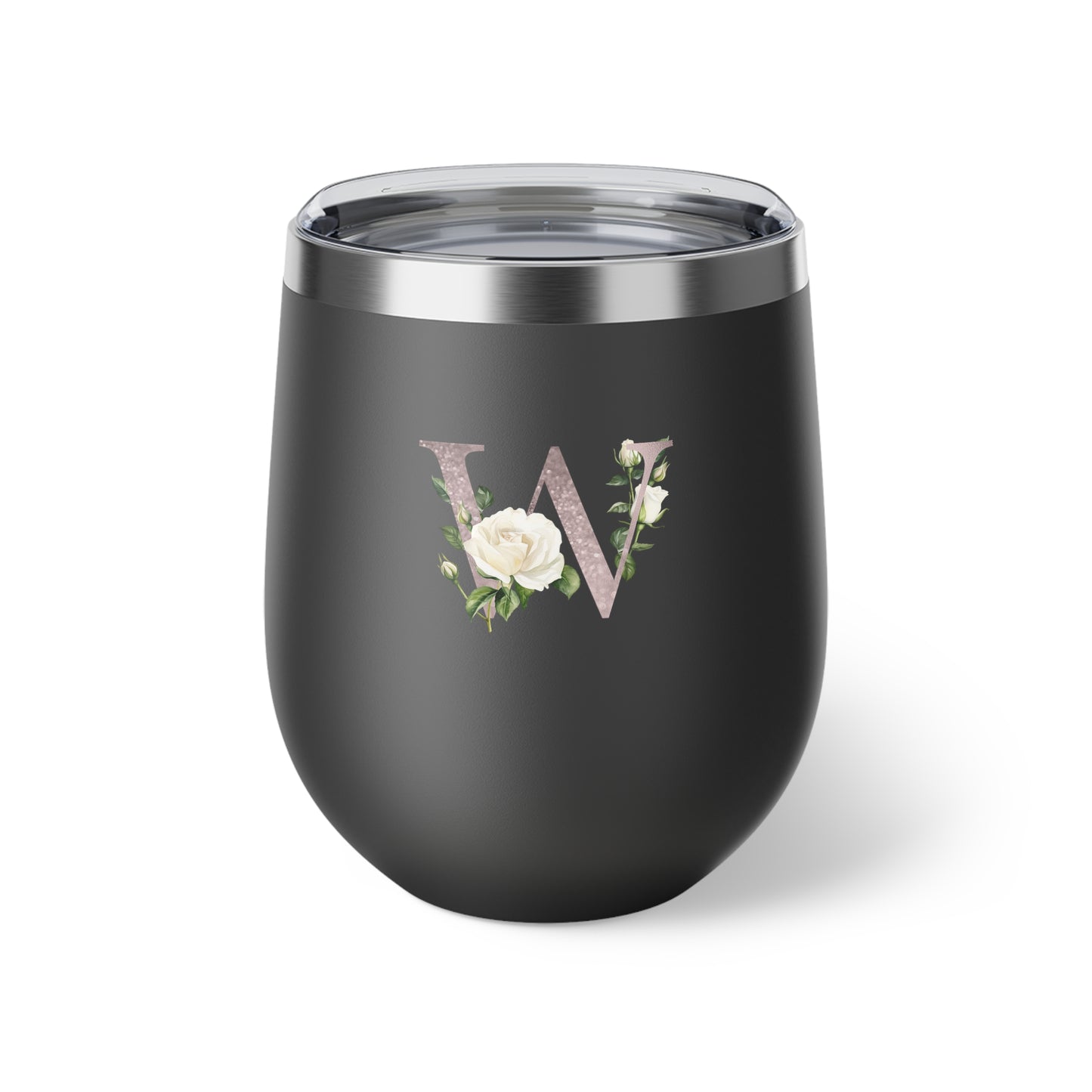 Letter W - Personalized Romantic White Rose Copper Vacuum Insulated Cup, 12 oz – Perfect for Weddings