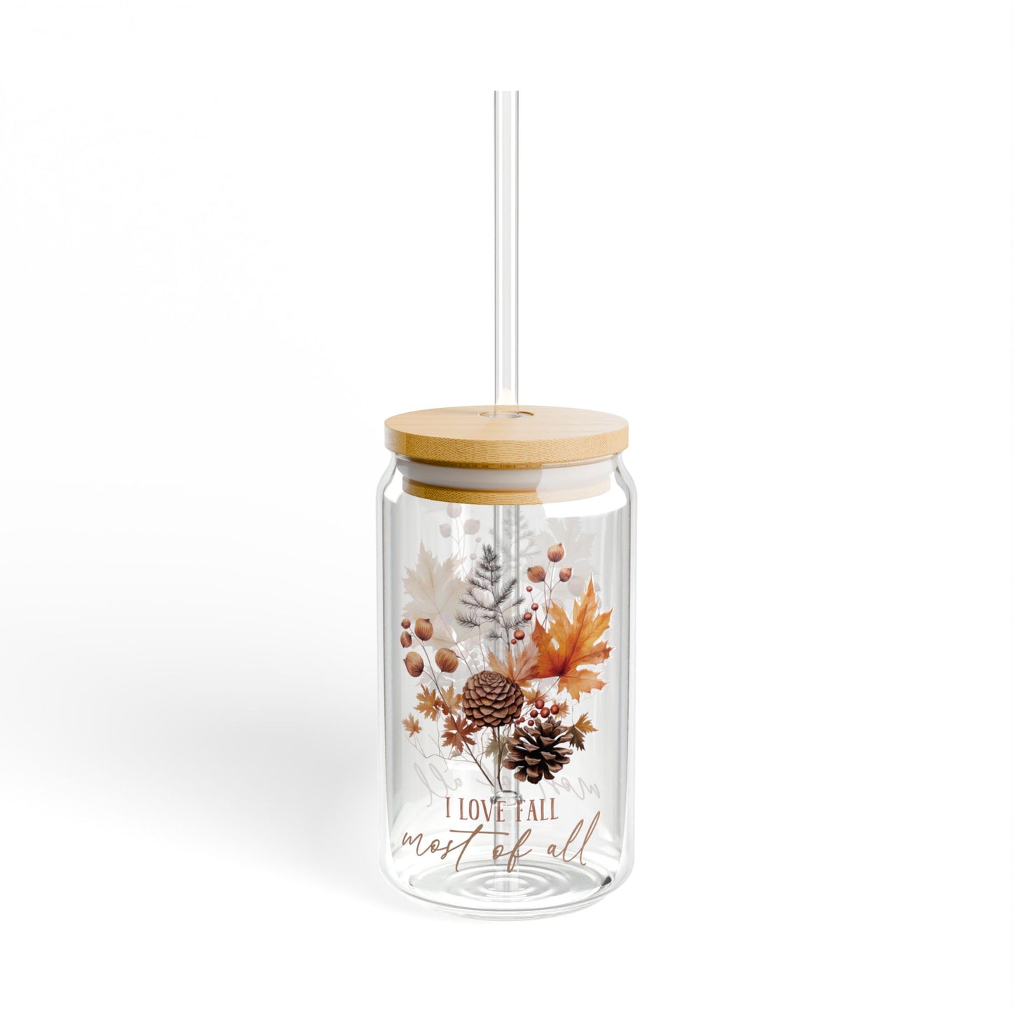 'I Love Fall Most of All' | 16oz Custom Sipper Glass with Bamboo Lid & Straw – Perfect for Sweet Treats and Family Parties
