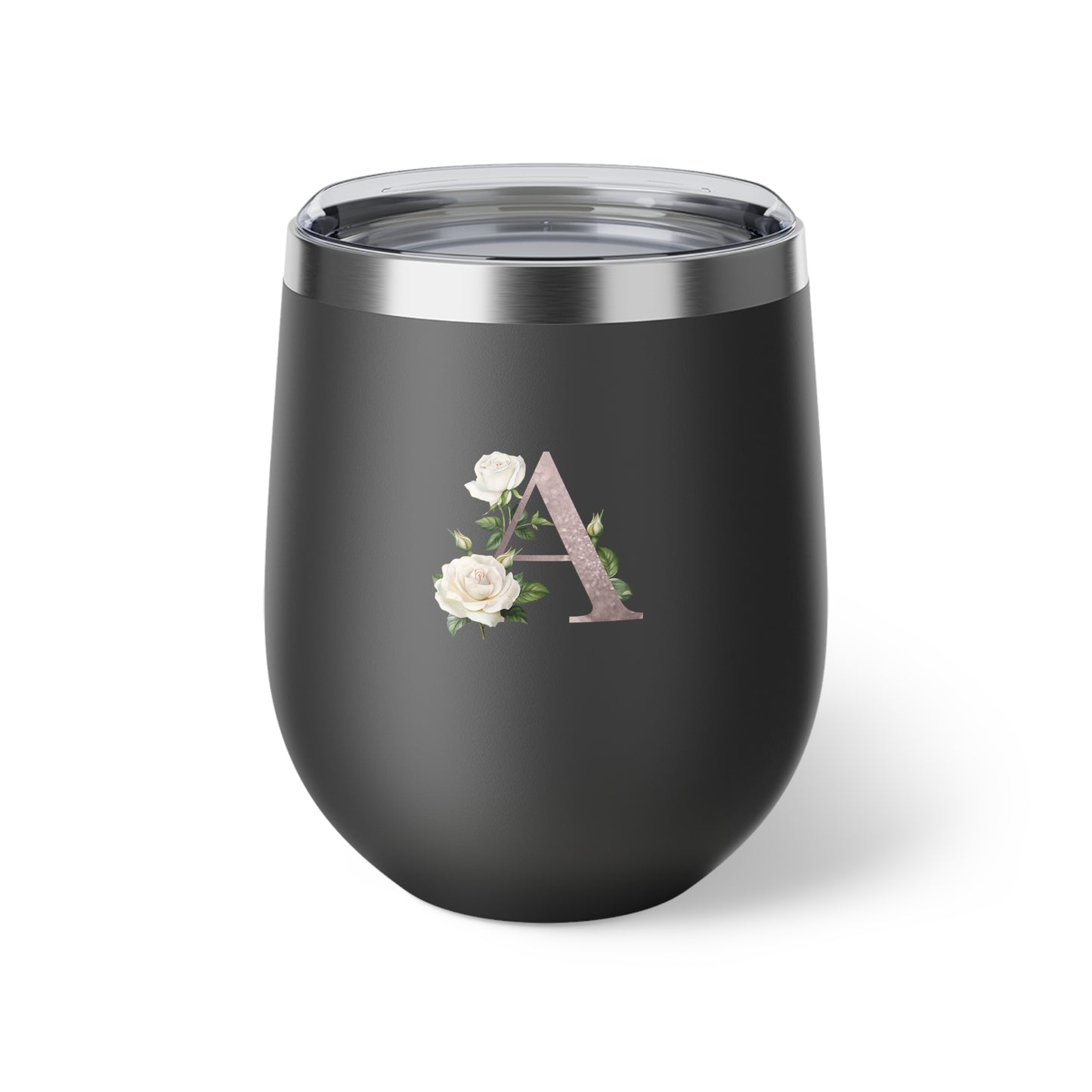 Letter A - Personalized Romantic White Rose Copper Vacuum Insulated Cup, 12 oz – Perfect for Weddings