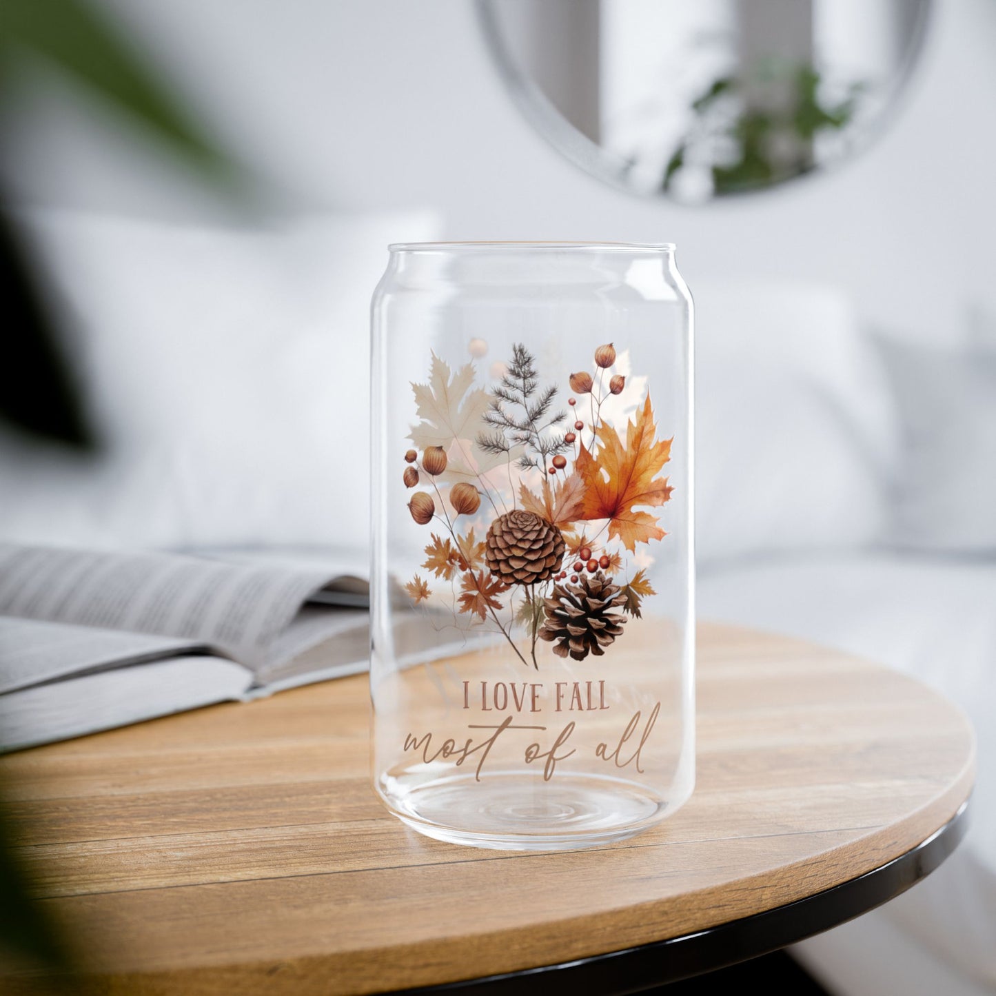 'I Love Fall Most of All' | 16oz Custom Sipper Glass with Bamboo Lid & Straw – Perfect for Sweet Treats and Family Parties