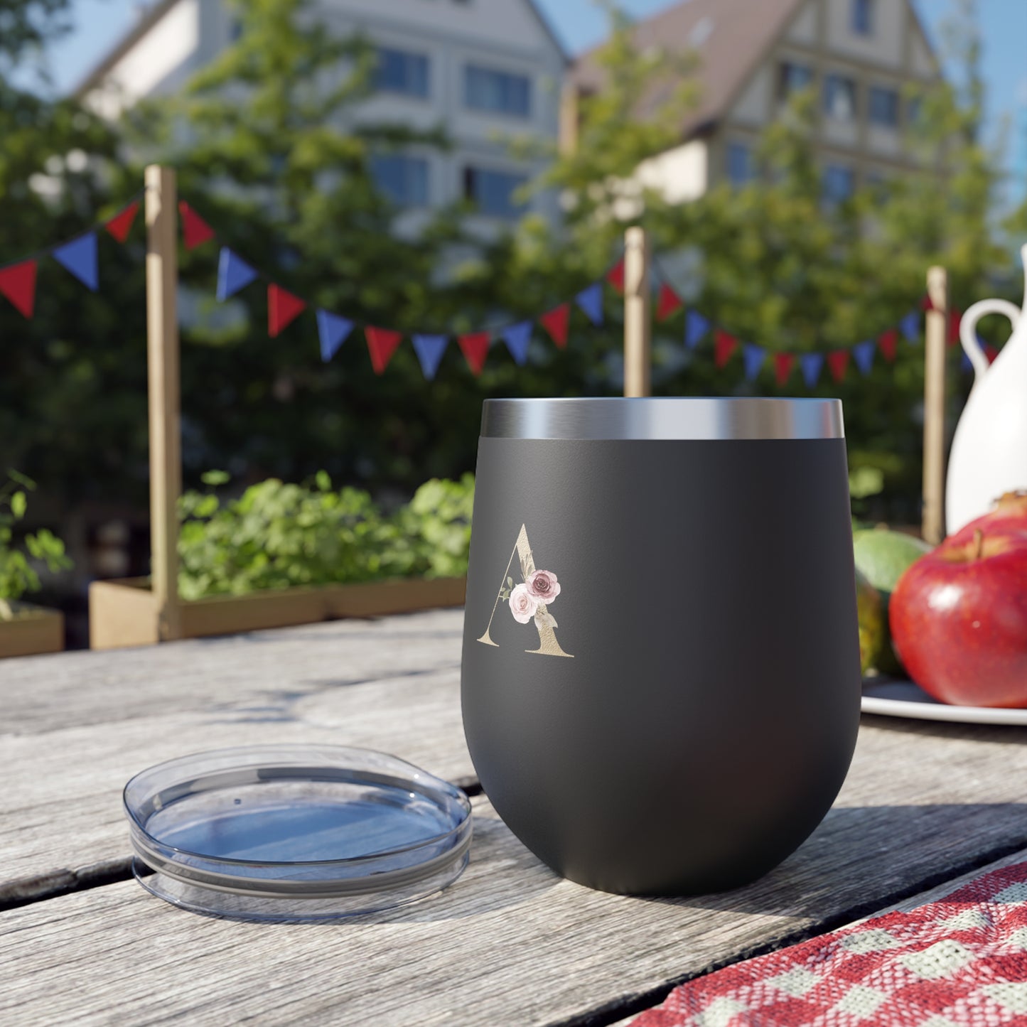 Letter A - Personalized Elegant Pink Rose Copper Vacuum Insulated Cup, 12 oz – Perfect for Weddings