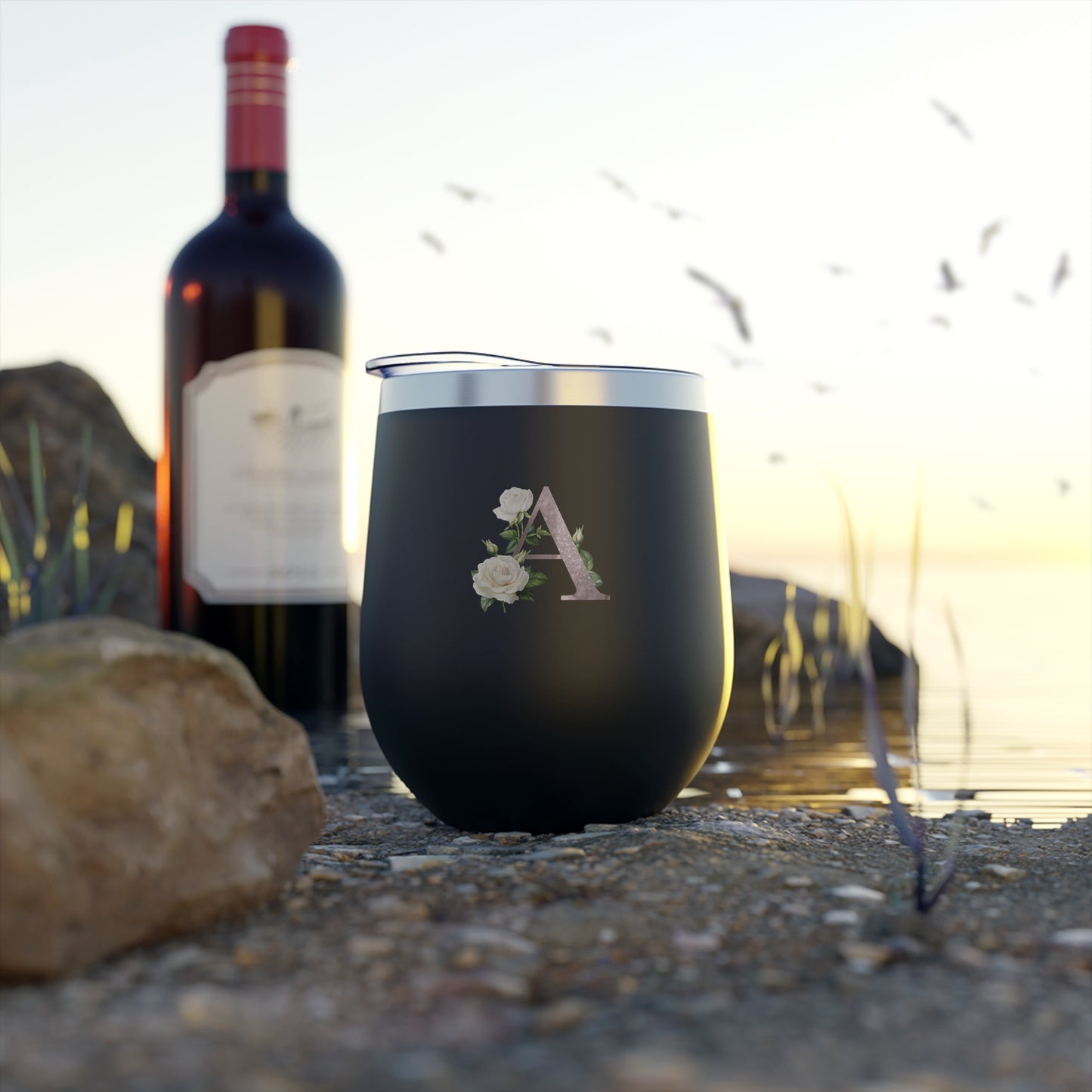Letter A - Personalized Romantic White Rose Copper Vacuum Insulated Cup, 12 oz – Perfect for Weddings