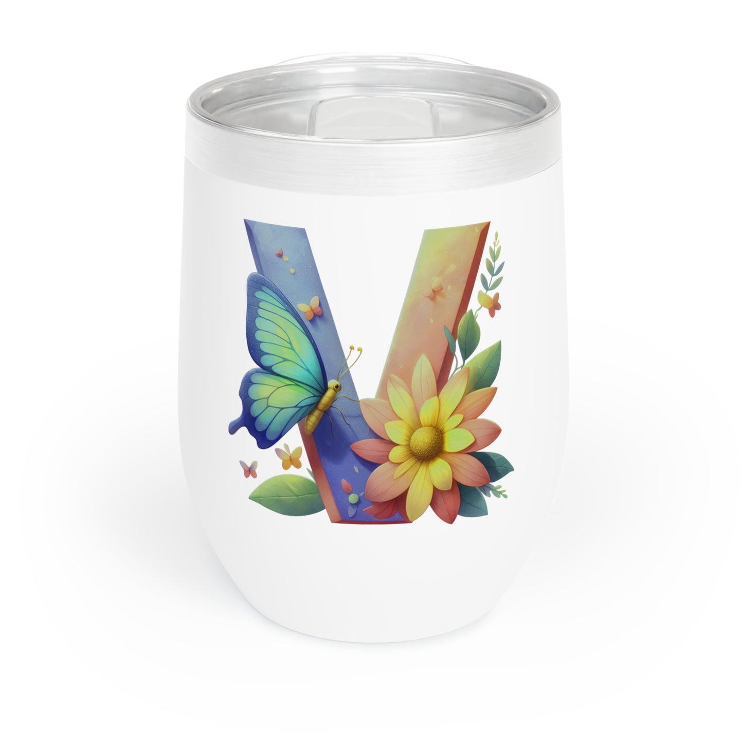 Letter V - Personalized Whimsical Butterfly Wine Tumbler – Perfect for Weddings (saturation high)