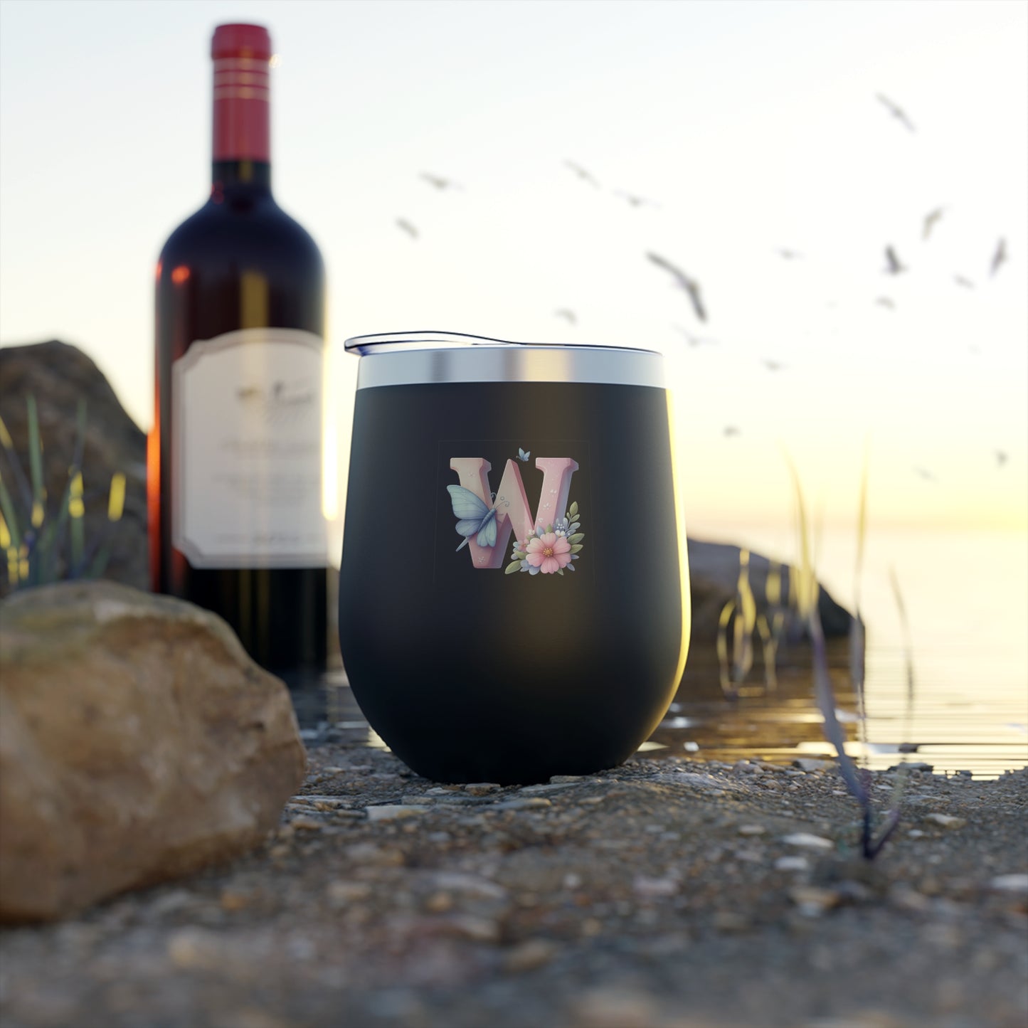 Letter W - Personalized Whimsical Butterfly Copper Vacuum Insulated Cup, 12 oz – Perfect for Weddings