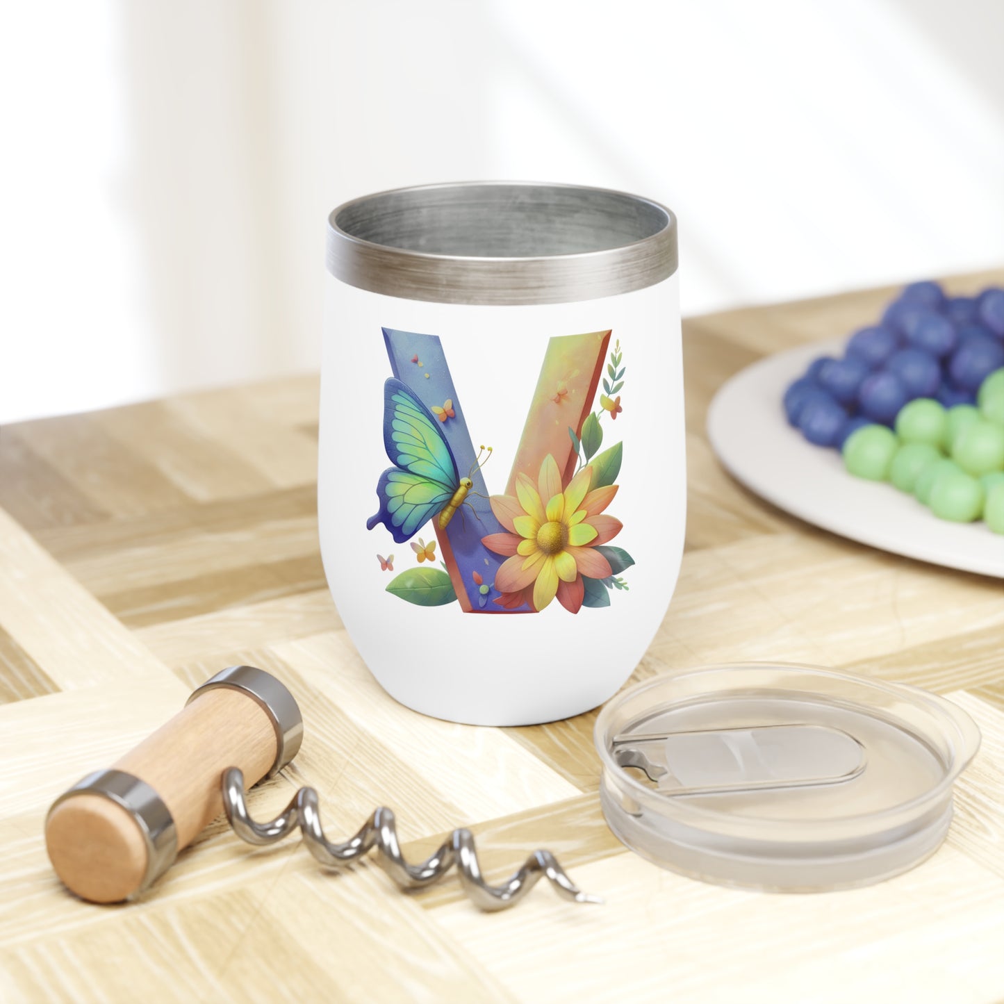 Letter V - Personalized Whimsical Butterfly Wine Tumbler – Perfect for Weddings (saturation high)
