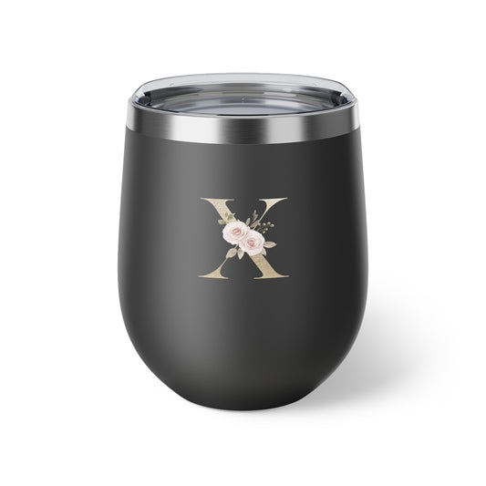 Letter X - Personalized Elegant Pink Rose Copper Vacuum Insulated Cup, 12 oz – Perfect for Weddings