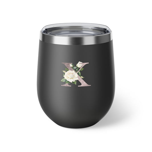 Letter X - Personalized Romantic White Rose Copper Vacuum Insulated Cup, 12 oz – Perfect for Weddings